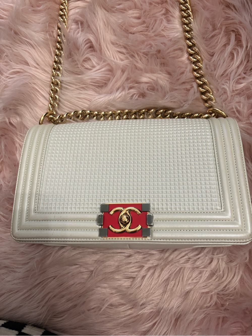 CHANEL Ivory Boy Medium Leather Shoulder Bag with Red CC Accent and Gold Chain